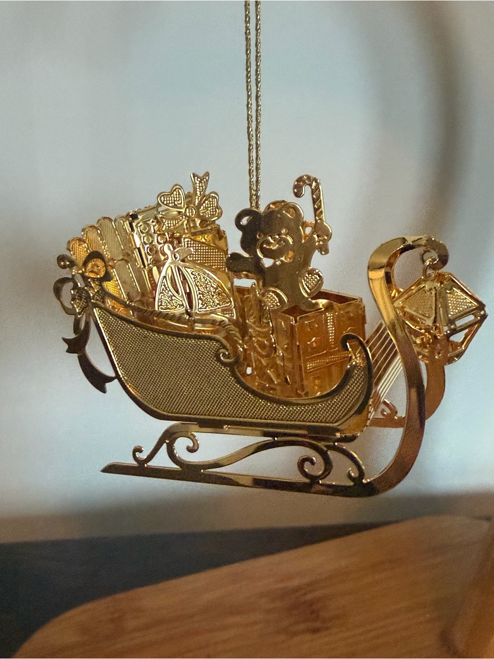 Gold Plated Sleigh Holiday Ornament - Elegant Metal Hanging Decoration